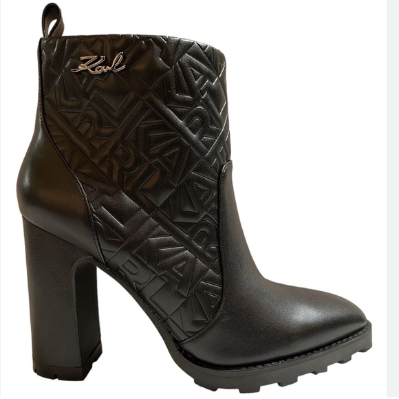 Karl Lagerfeld Black Patria Logo Embossed Lug Heel Bootie Ankle Boots 10 NEW - Picture 4 of 13